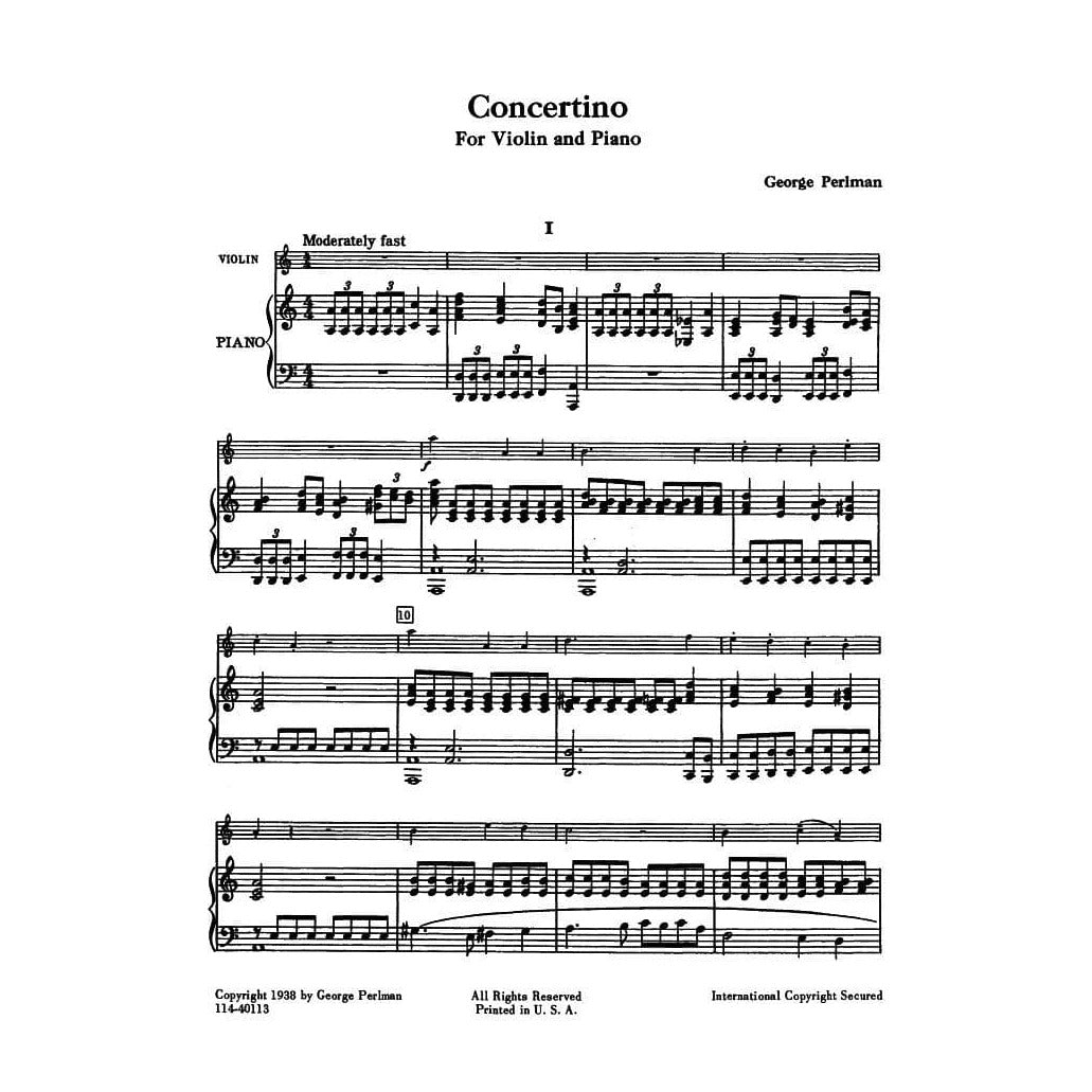 Perlman, George - Concertino for Violin and Piano - Theodore Presser