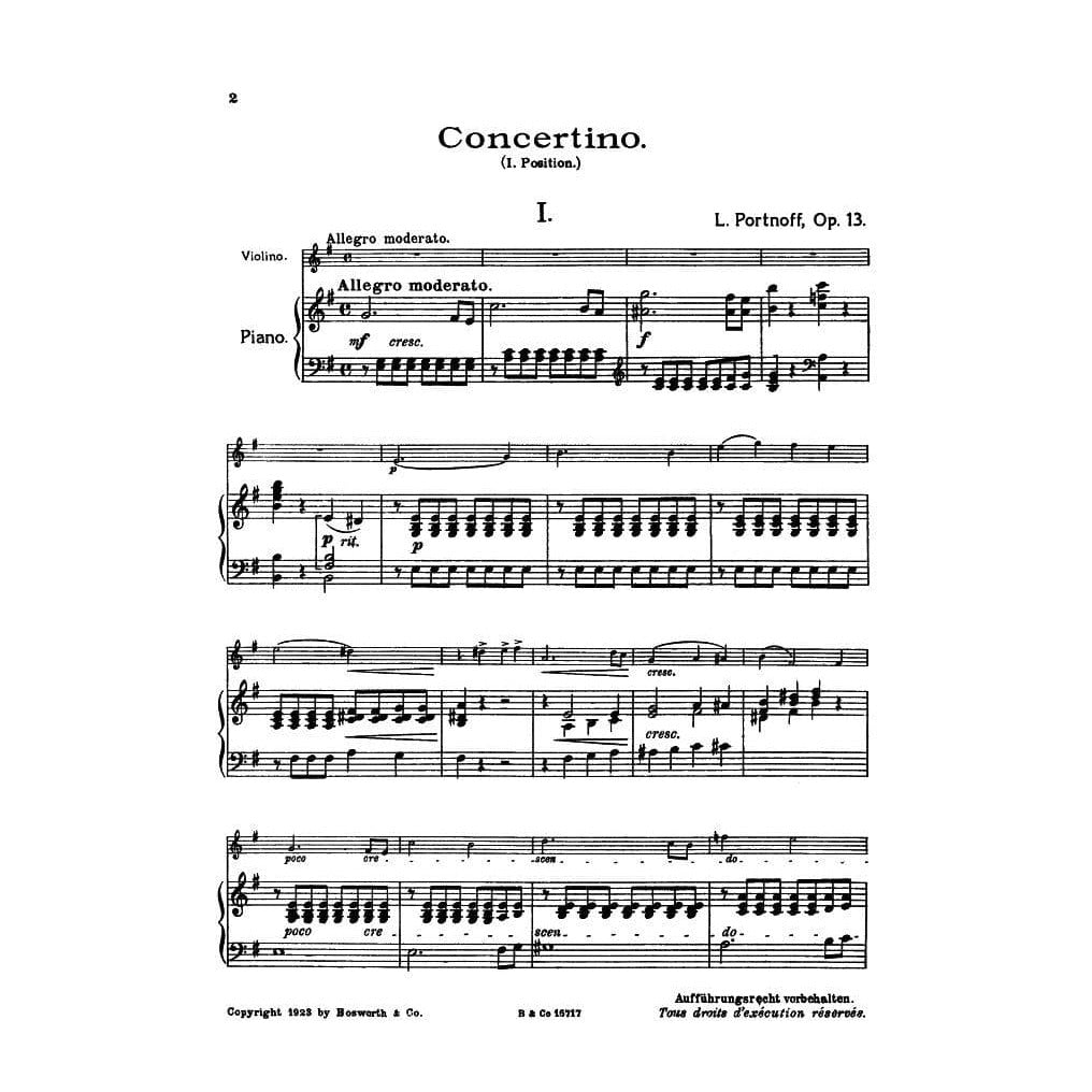 Portnoff, Leo - Concertino in E Minor for Violin and Piano, Op 13 - Bosworth