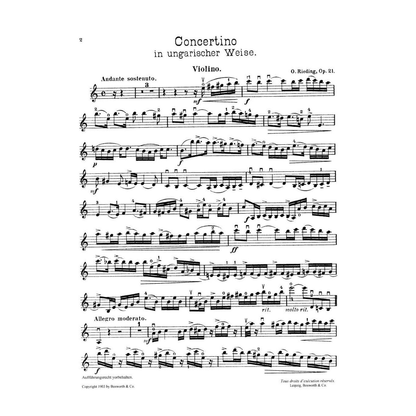 Rieding, Oscar - Concertino In a minor Op 21 For Violin and Piano Published by Bosworth & Co