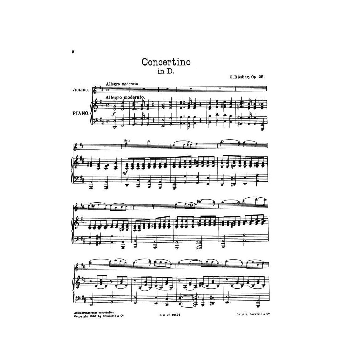 Rieding, Oskar - Concertino in D Major for Violin and Piano, Op 25 - Violin and Piano - Bosworth