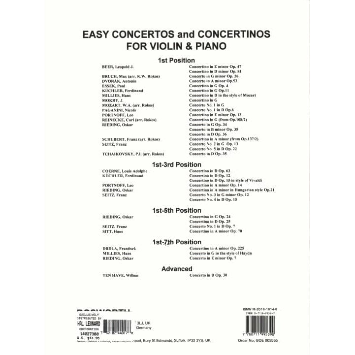 Rieding, Oskar - Concertino in D Major for Violin and Piano, Op 25 - Violin and Piano - Bosworth