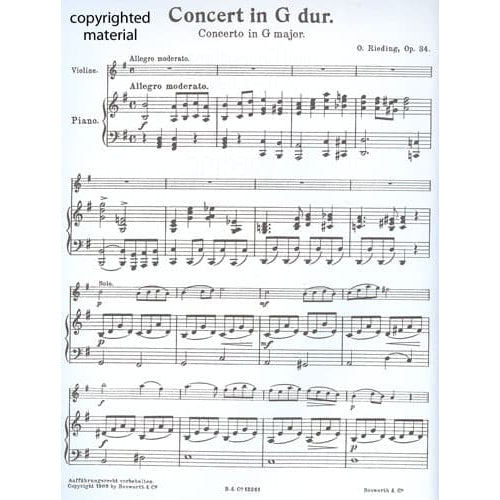 Rieding, Oskar - Violin Concerto in G Major, Op 34 - Violin and Piano - Bosworth