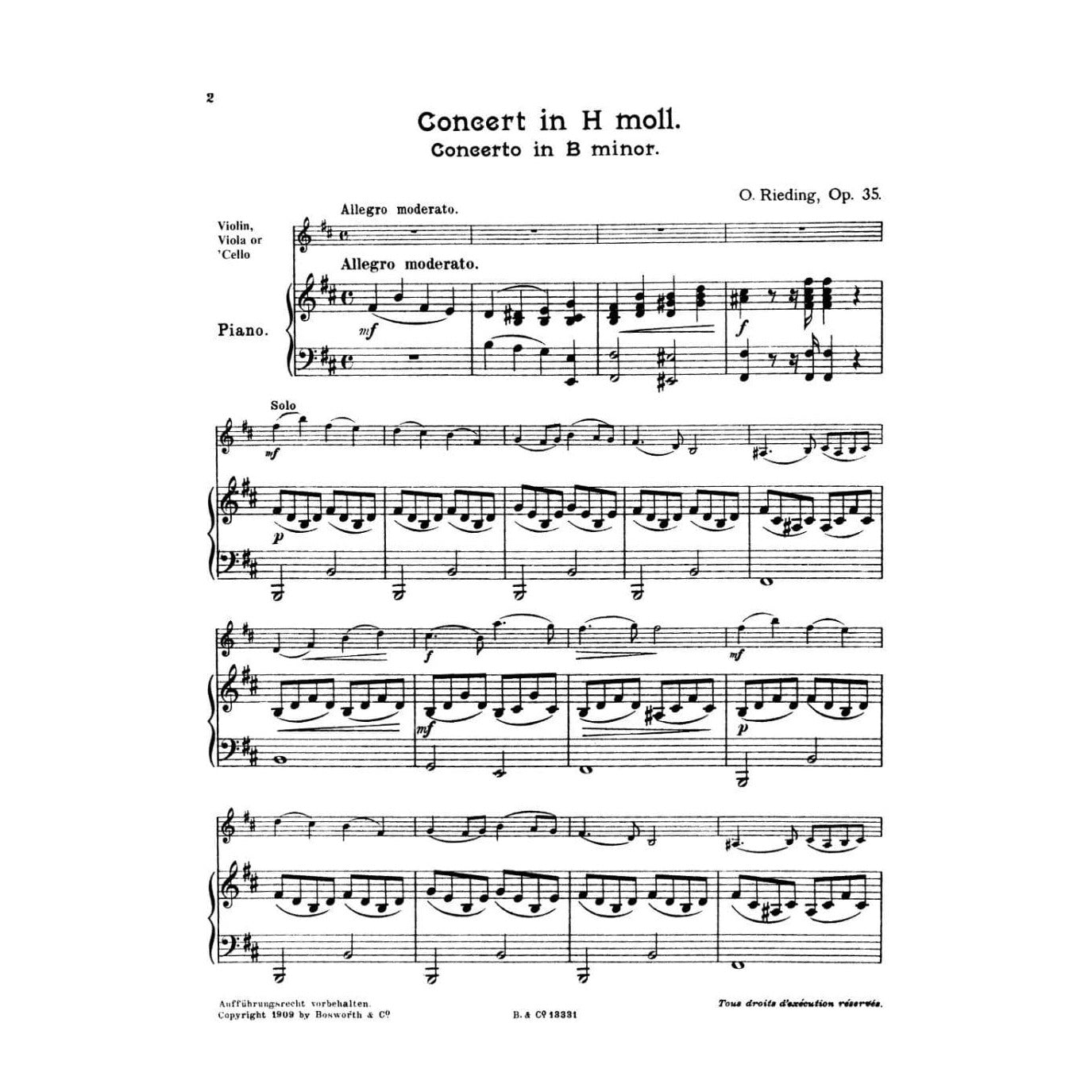Rieding, Oscar - Concerto In b minor Op 35 For Violin and Piano Published by Bosworth & Co