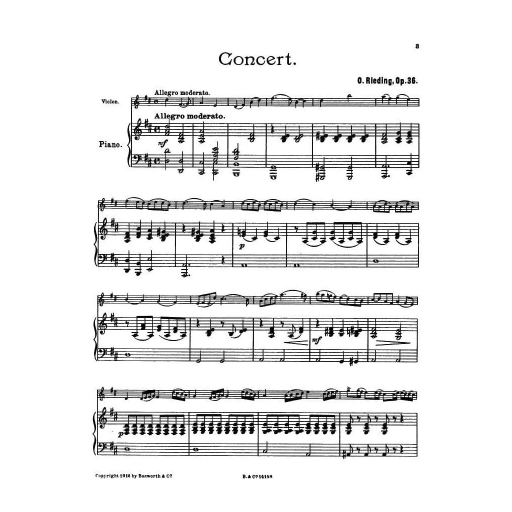 Rieding, Oskar - Violin Concerto in D Major, Op 36 - Violin and Piano - Bosworth
