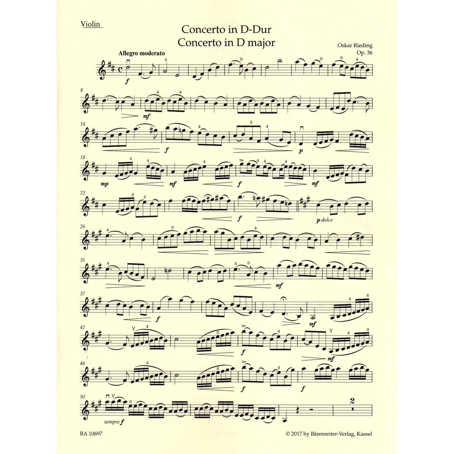 Rieding, Oskar - Violin Concerto in D Major, Op 36 - Violin and Piano - Barenreiter