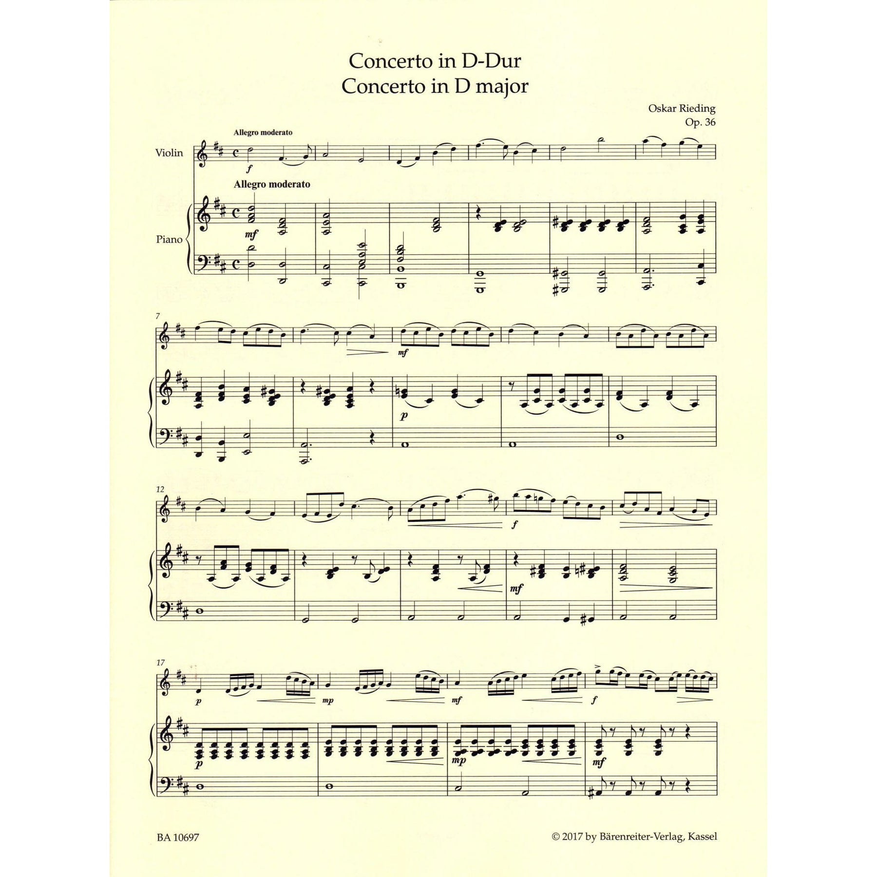 Rieding, Oskar - Violin Concerto in D Major, Op 36 - Violin and Piano - Barenreiter