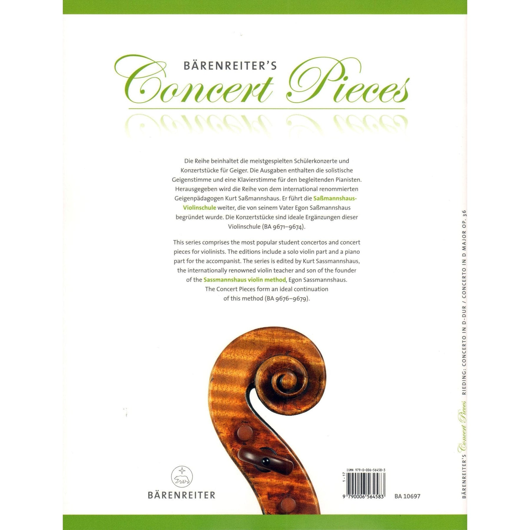 Rieding, Oskar - Violin Concerto in D Major, Op 36 - Violin and Piano - Barenreiter