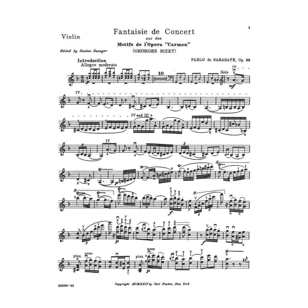 Sarasate, Pablo - Carmen Fantasy, Op 25 - Violin and Piano - edited by Gustav Saenger - Carl Fischer Edition