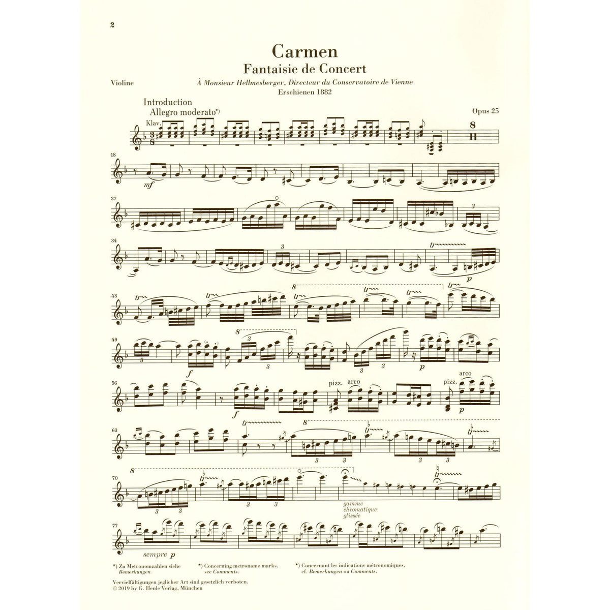 Sarasate, Pablo - Carmen Fantasy, Op. 25 - Violin and Piano - edited by Peter Jost - G Henle Verlag URTEXT