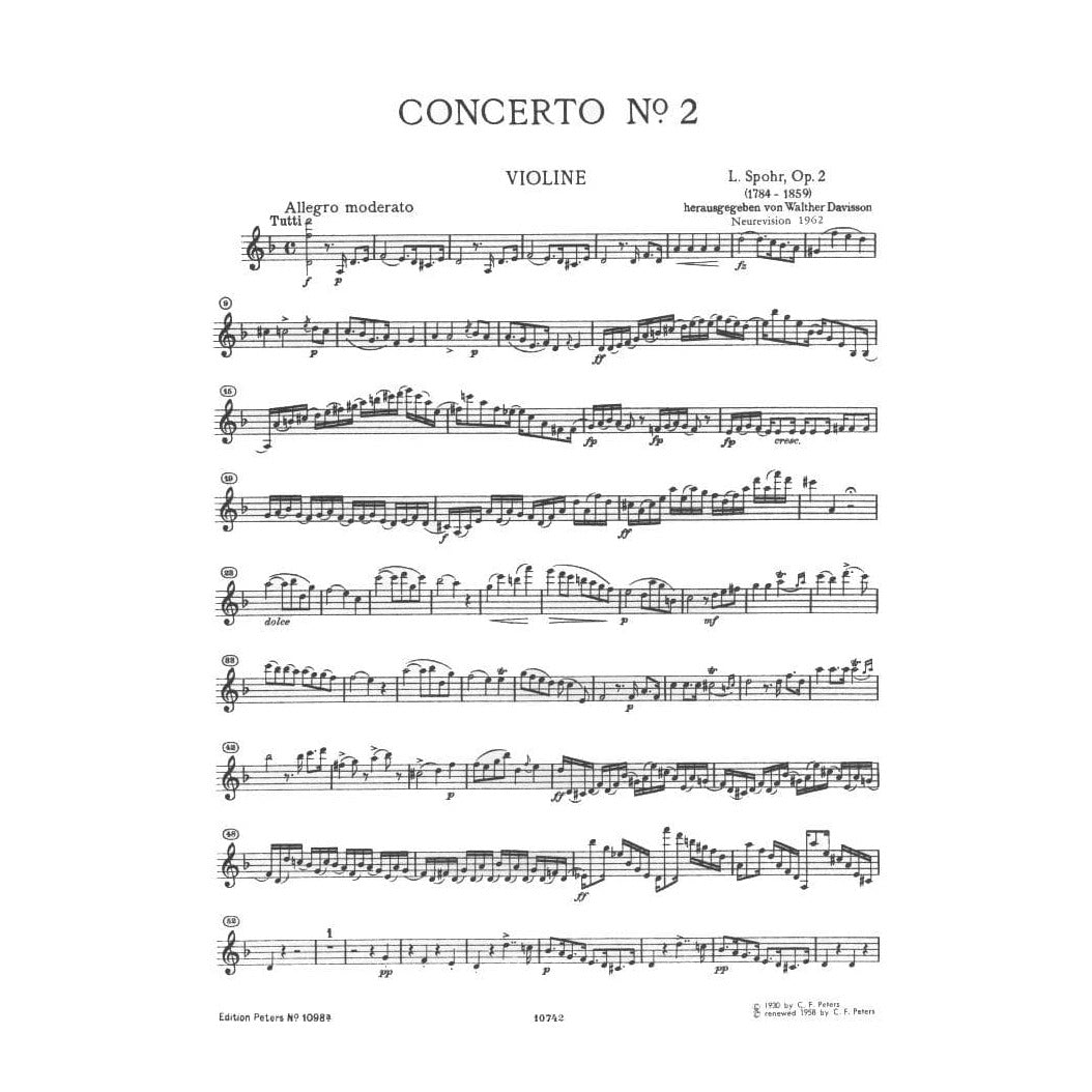 Spohr, Louis - Concerto No 2 In D Minor, Op 2 For Violin and Piano Peters Edition