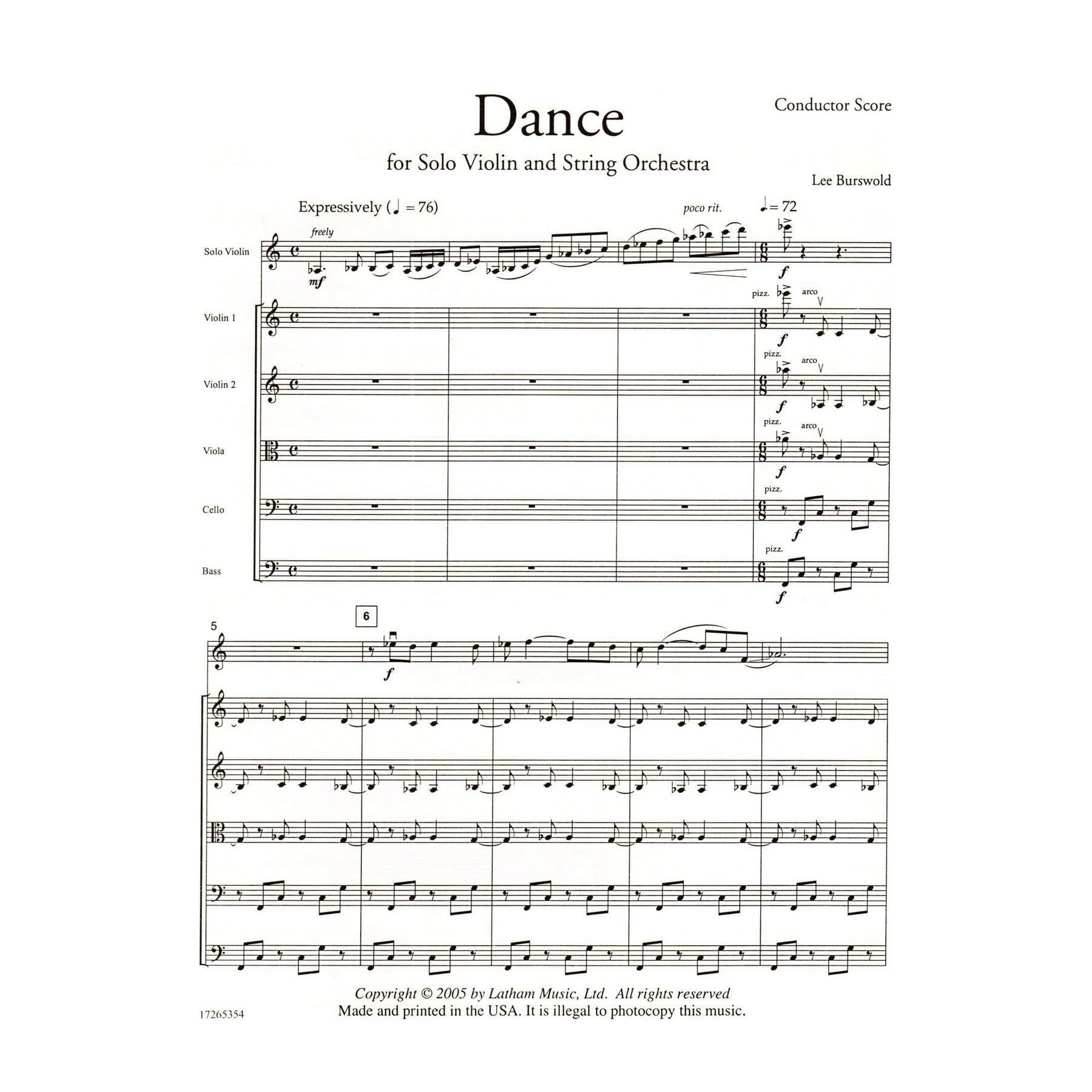 Burswold, Lee - Dance for Solo Violin and String Orchestra - Latham Music