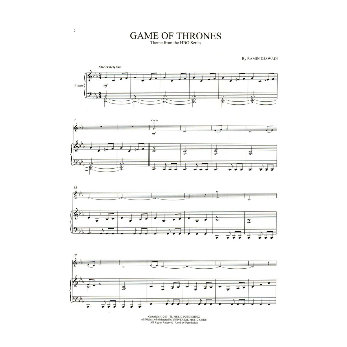Game of Thrones Theme - for Violin and Piano - Hal Leonard