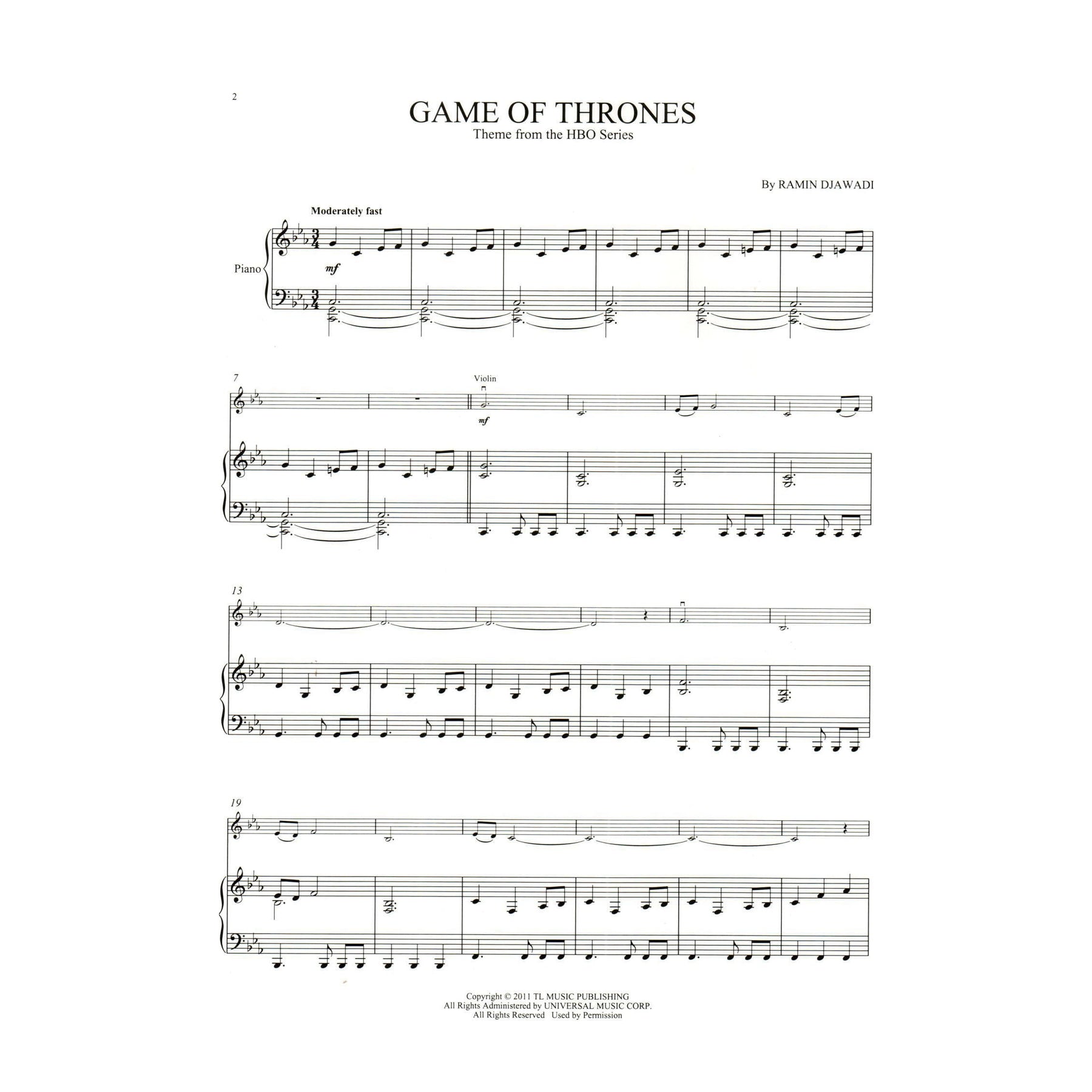 Game of Thrones Theme - for Violin and Piano - Hal Leonard