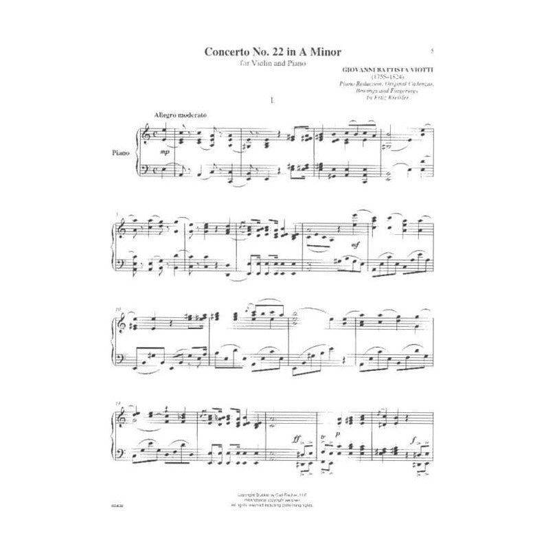 Viotti, Giovanni - Concerto No 22 in A minor - Violin and Piano - edited and with cadenzas by Fritz Kreisler - Carl Fischer Edition