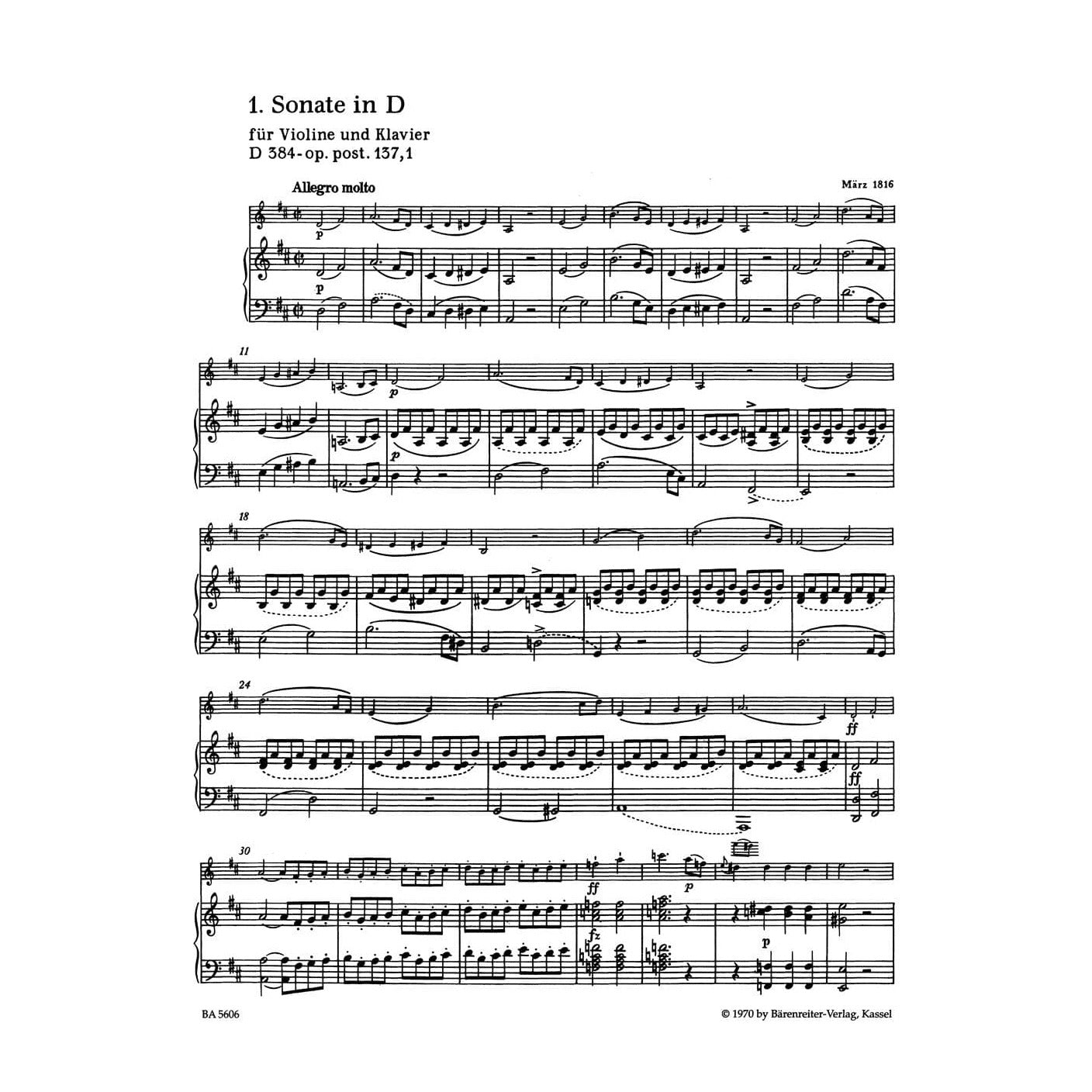 Schubert, Franz - Three Sonatinas, Op 137 For Violin and Piano URTEXT Published by Barenreiter