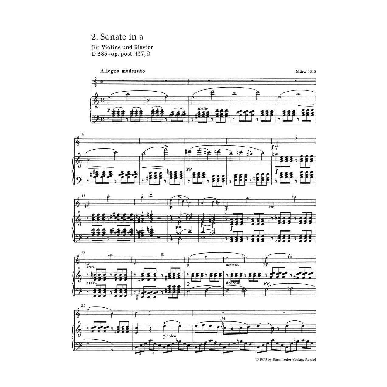 Schubert, Franz - Three Sonatinas, Op 137 For Violin and Piano URTEXT Published by Barenreiter