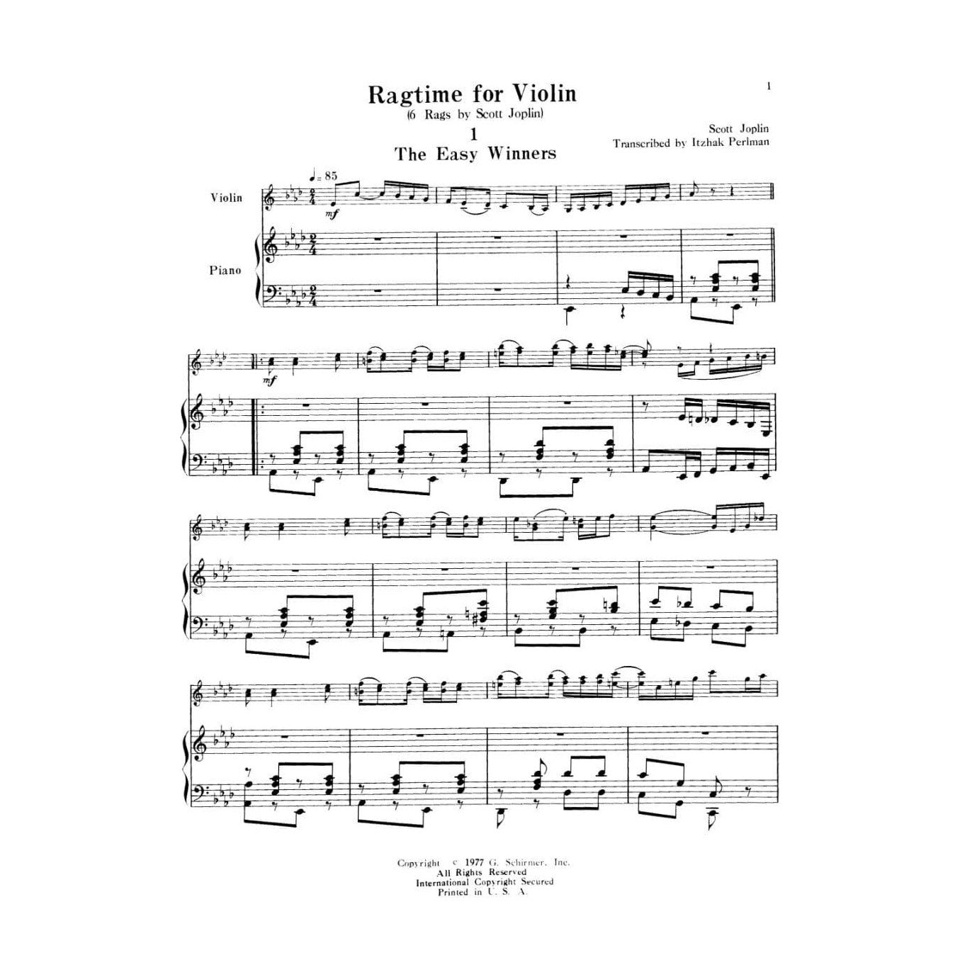 Joplin, Scott - Ragtime for Violin: 6 Scott Joplin Rags - Violin and Piano - arranged by Itzhak Perlman - Great Performer's Edition (Schirmer/Hal Leonard)