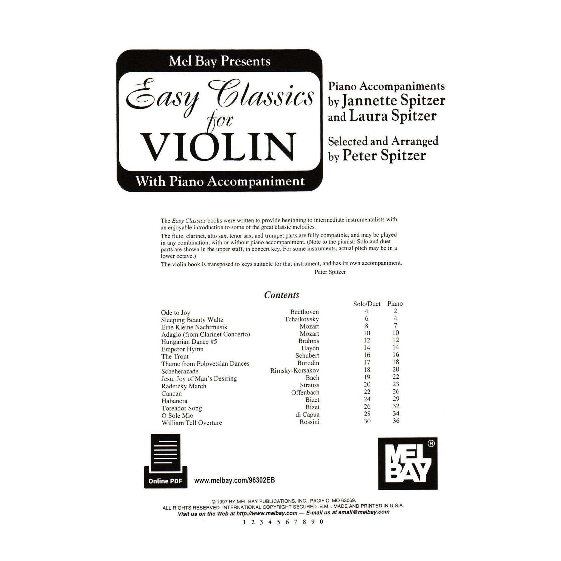 Easy Classics for Violin - One or Two Violins and Piano - arranged by Spitzer - Book/Online PDF - Mel Bay Publications