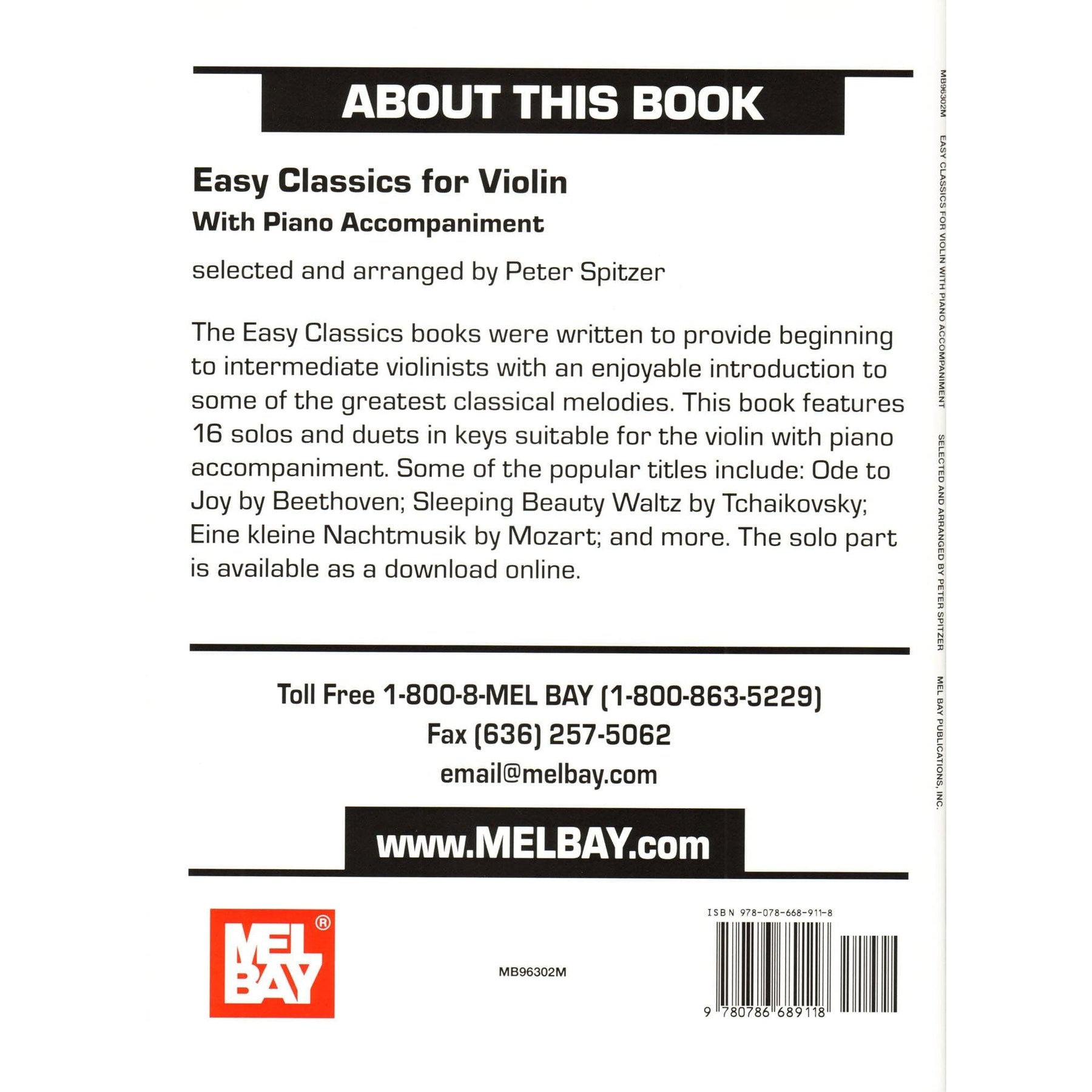 Easy Classics for Violin - One or Two Violins and Piano - arranged by Spitzer - Book/Online PDF - Mel Bay Publications
