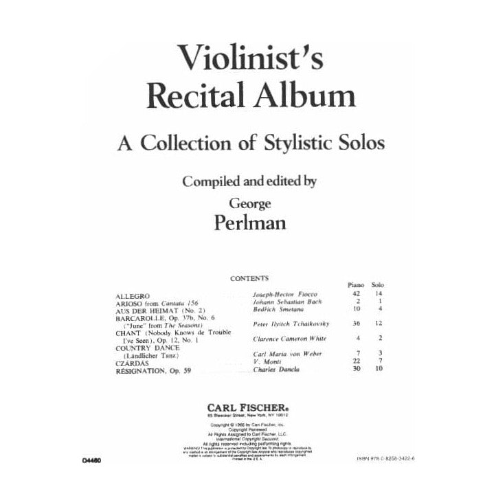 Violinist's Recital Album: A Collection of Stylistic Solos - Violin and Piano - edited by George Perlman - Carl Fischer