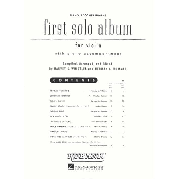 First Solo Album for Violin - Violin and Piano - arranged and edited by Harvey Whistler - Rubank