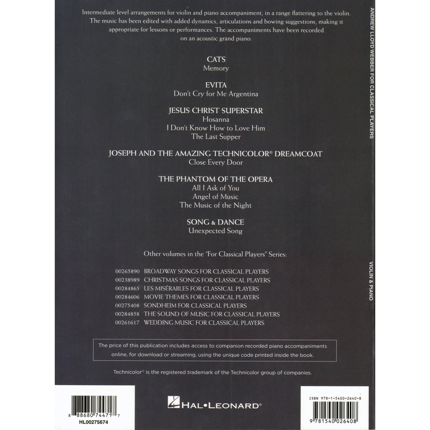 Andrew Lloyd Webber for Classical Players - Violin and Piano - with Online Audio Accompaniment/Sheet Music - Hal Leonard