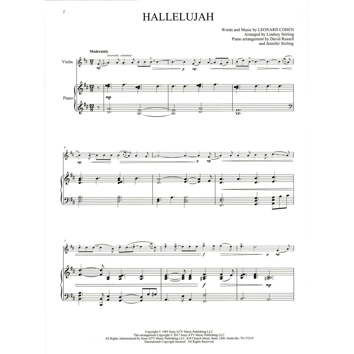 Hallelujah (by Leonard Cohen) - arranged by Lindsey Stirling - for Violin and Piano - Hal Leonard