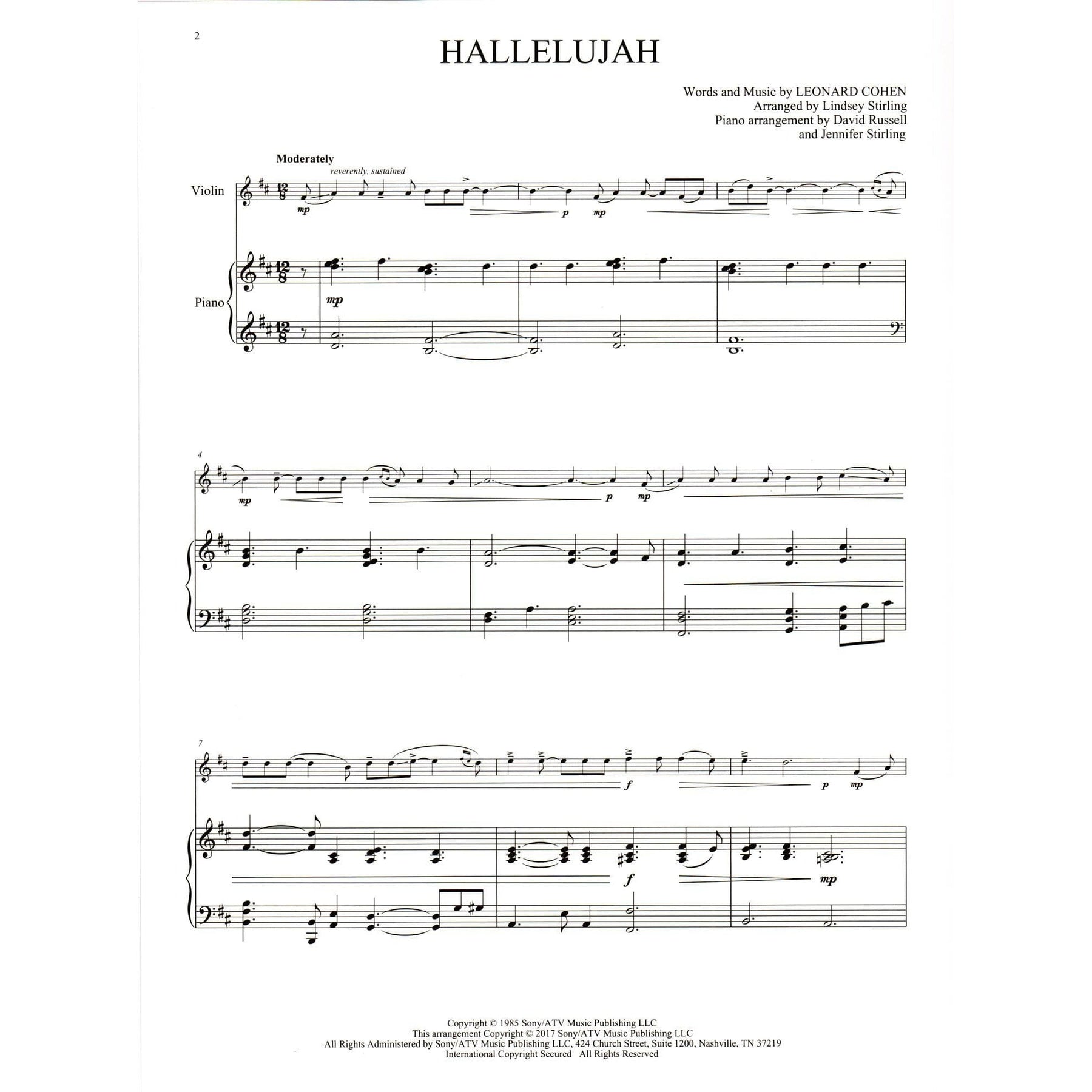 Hallelujah (by Leonard Cohen) - arranged by Lindsey Stirling - for Violin and Piano - Hal Leonard