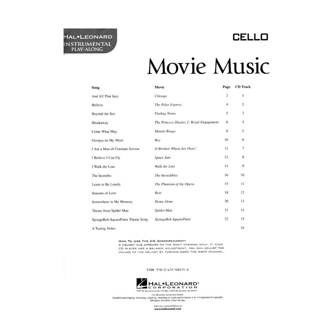 Movie Music: Solo Arrangements of 15 Favorite Songs with CD Accompaniment - Cello - Book/CD set - Hal Leonard Publication