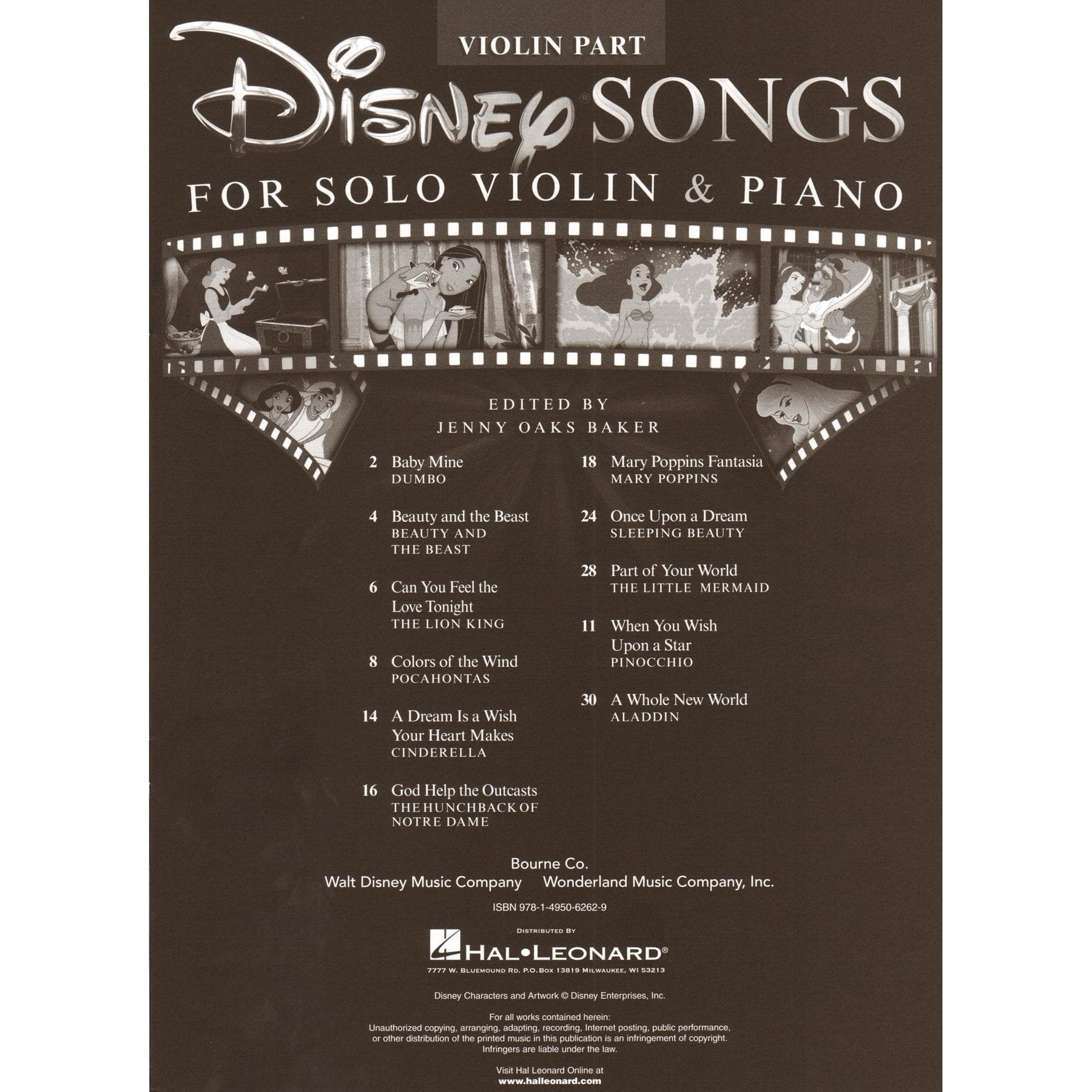 Disney Songs - for Solo Violin & Piano - 11 Arrangements - Hal Leonard Publications