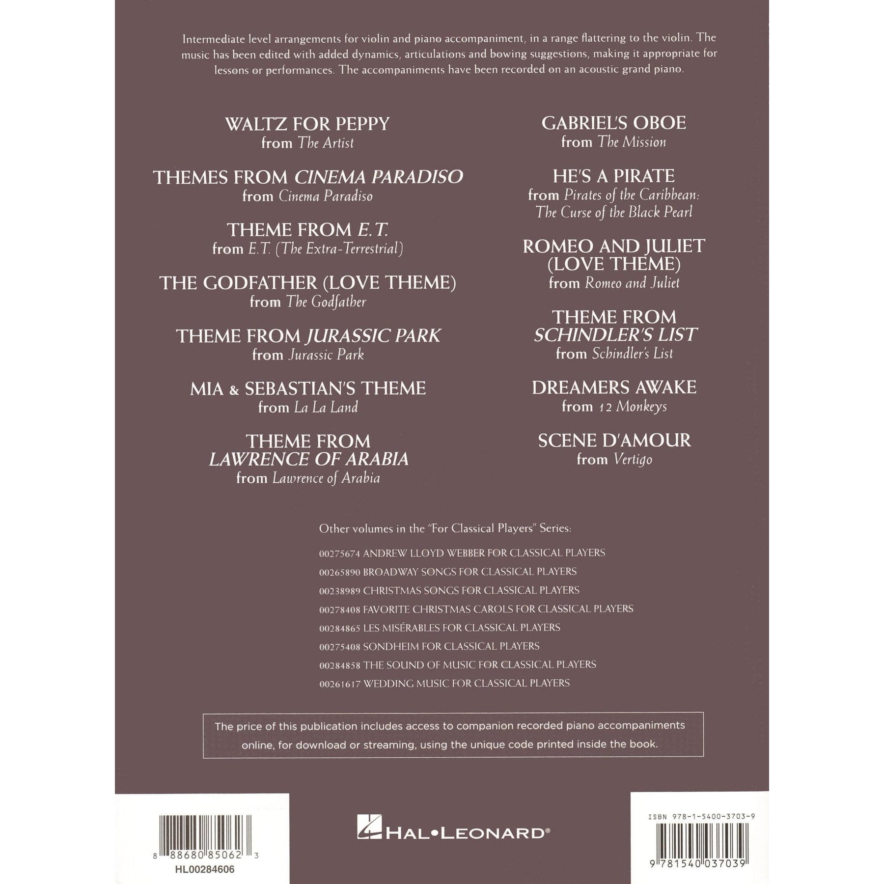 Movie Themes for Classical Players - Violin and Piano - with Online Audio Accompaniment/Sheet Music - Hal Leonard