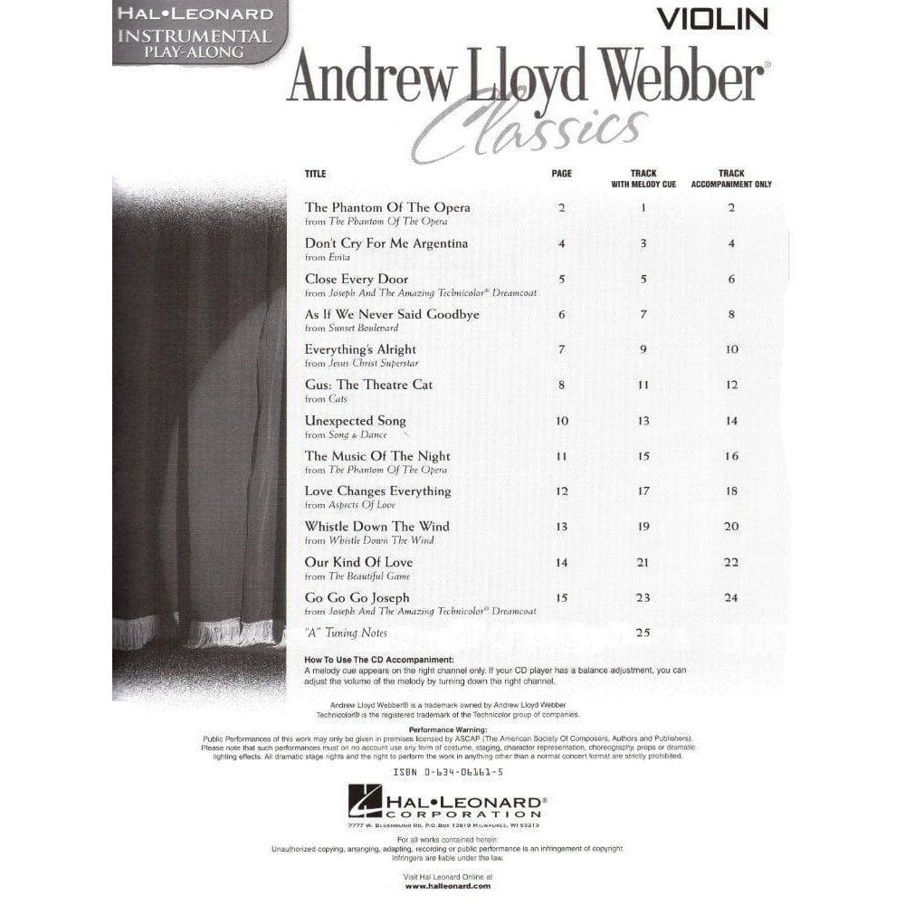 Andrew Lloyd Webber Classics for Violin with CD Accompaniment - Hal Leonard Edition