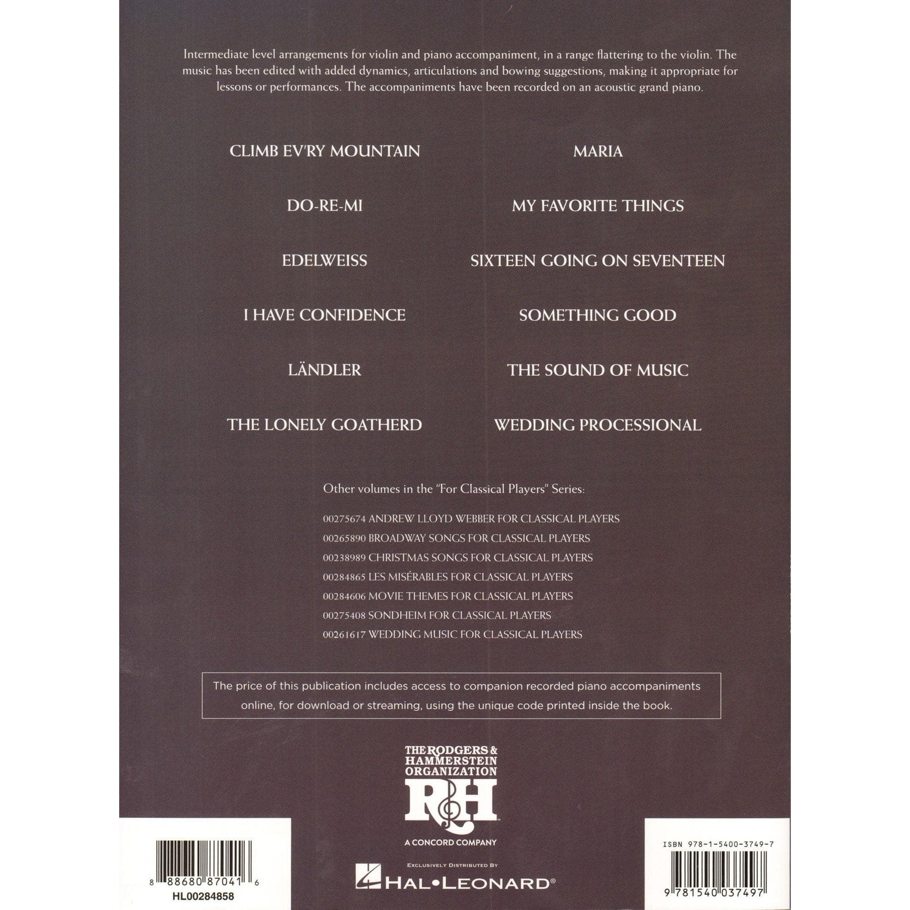 The Sound of Music for Classical Players - Violin and Piano - with Online Audio Accompaniment/Sheet Music - Hal Leonard