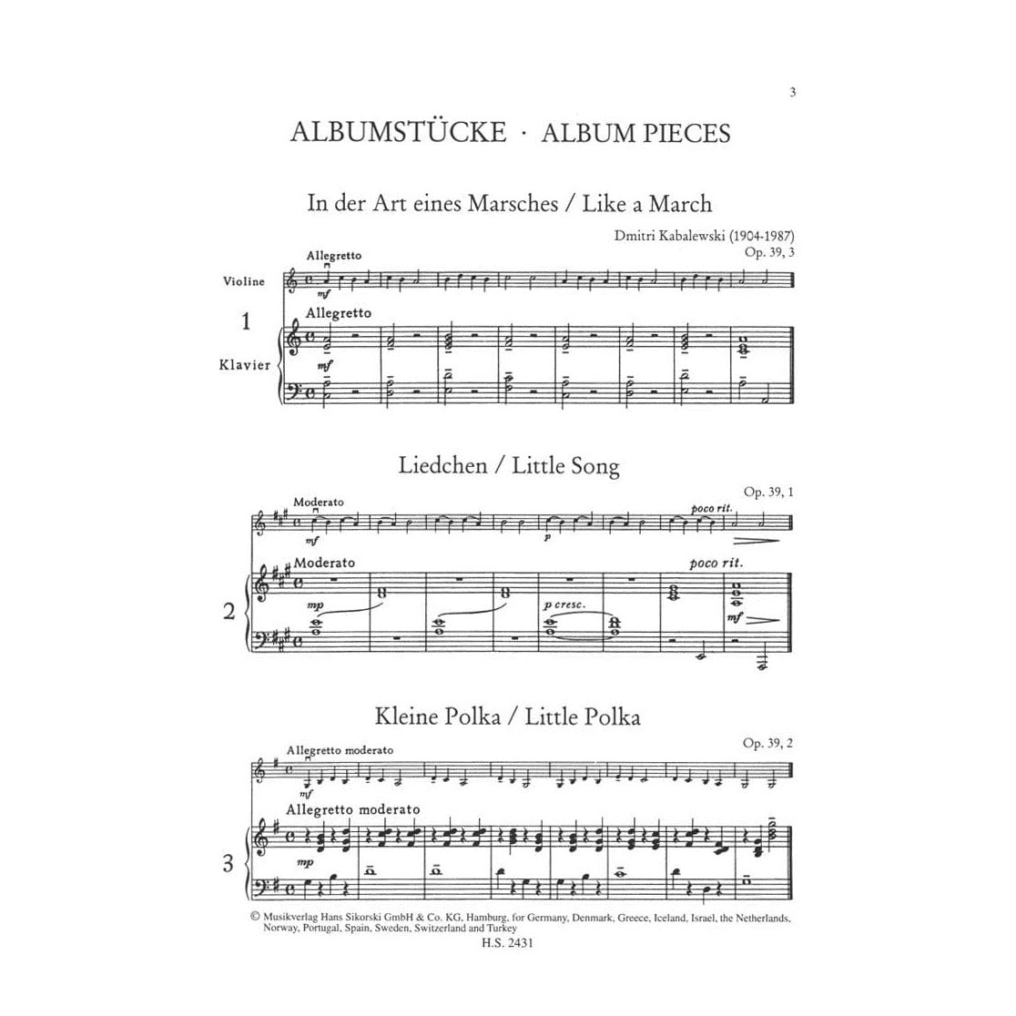 Kabalevsky, Dmitri - Album Pieces for Violin and Piano - Sikorski