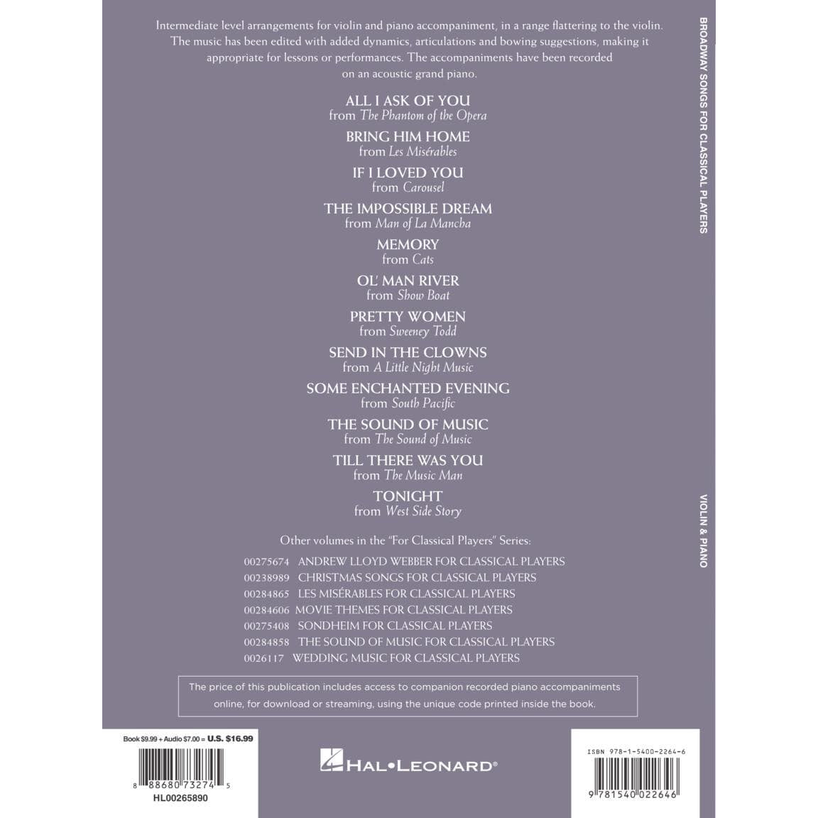 Broadway Songs for Classical Players: 12 Famous Melodies From The Stage - Violin and Piano - with Online Audio Accompaniment - Hal Leonard