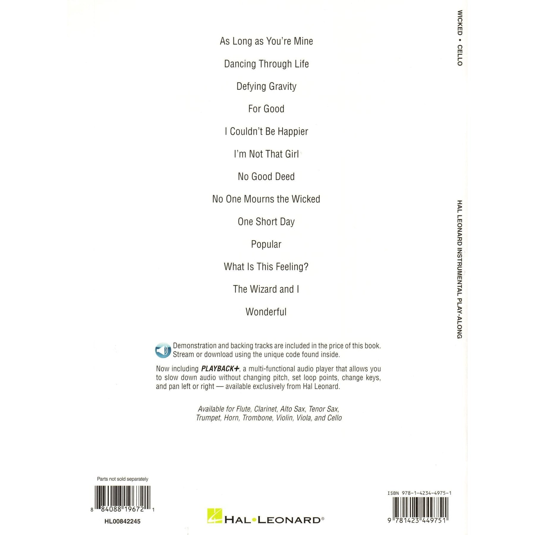 Wicked - 13 Songs from the Musical - for Cello with Audio Accompaniment - Hal Leonard Instrumental Play-Along