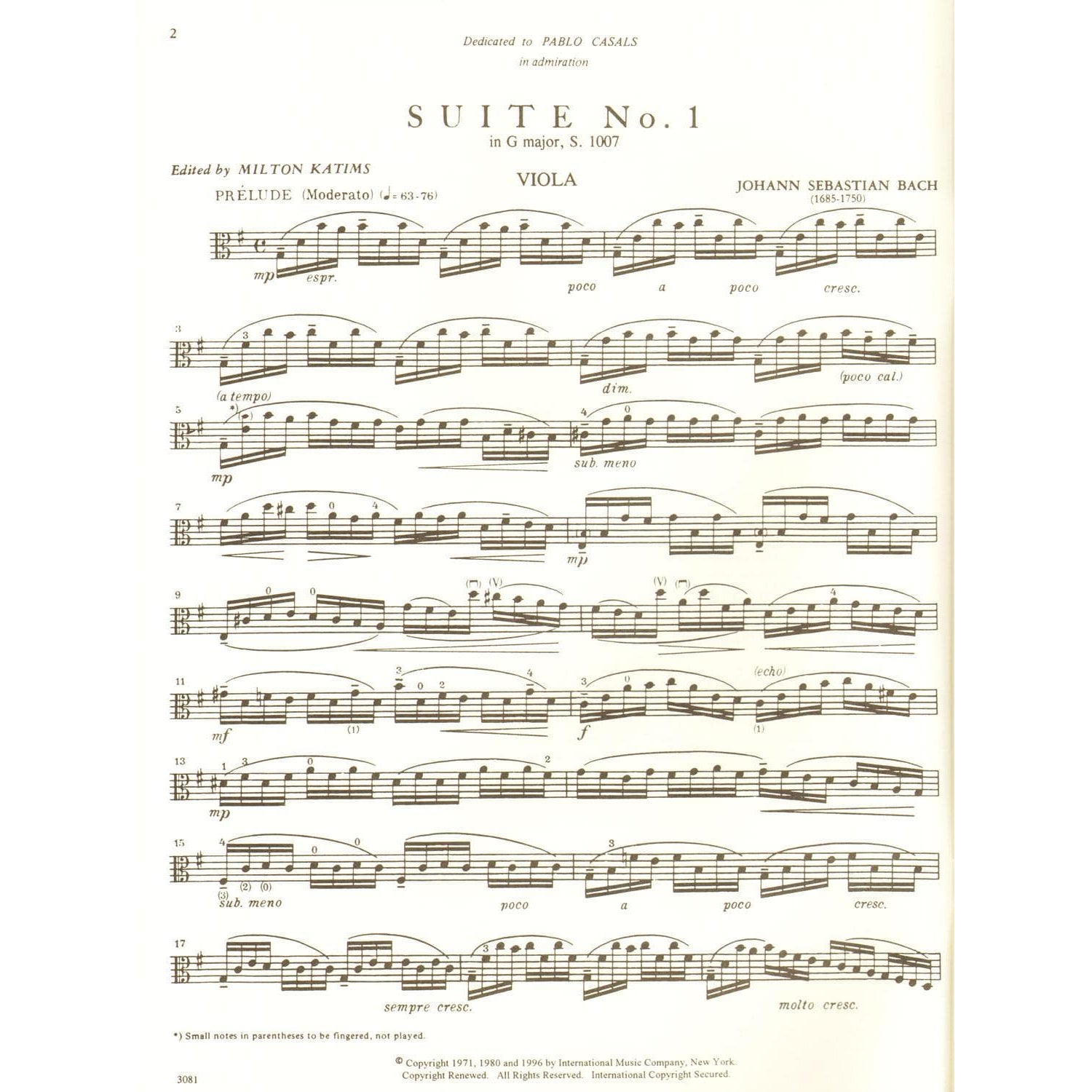 Bach, JS - 6 Cello Suites, BWV 1007-1012 - Viola solo - arranged by Milton Katims - International Music Company