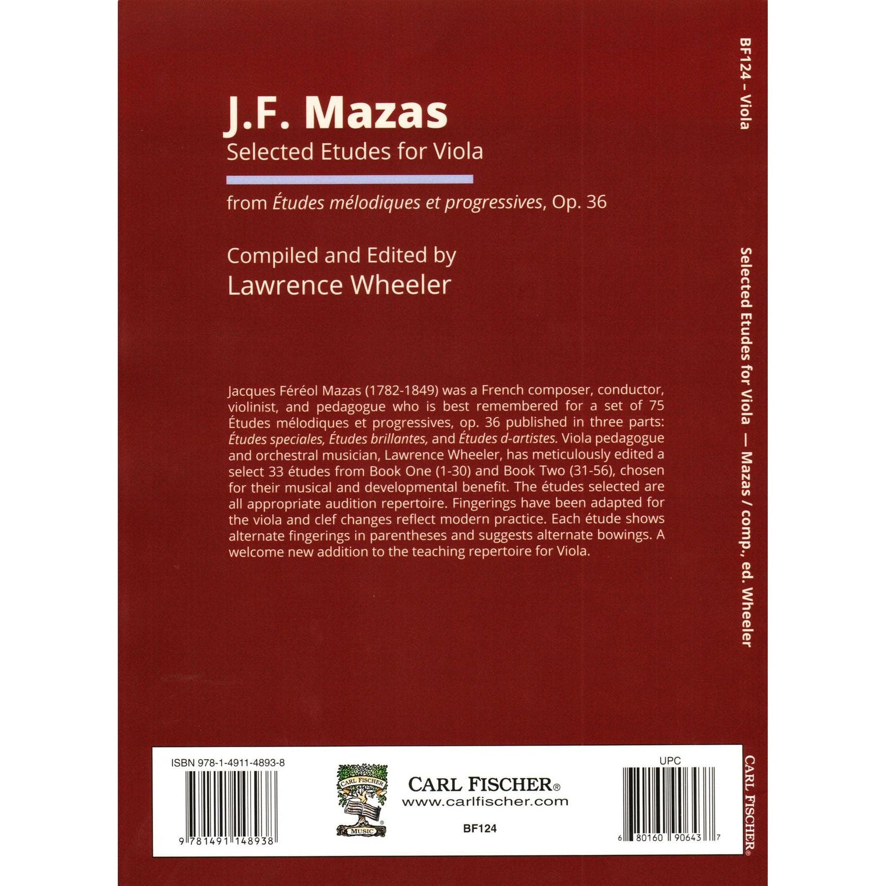 Mazas, J.F. - Selected Etudes for Viola, from Op. 36 - for Solo Viola - edited by Lawrence Wheeler - Carl Fischer