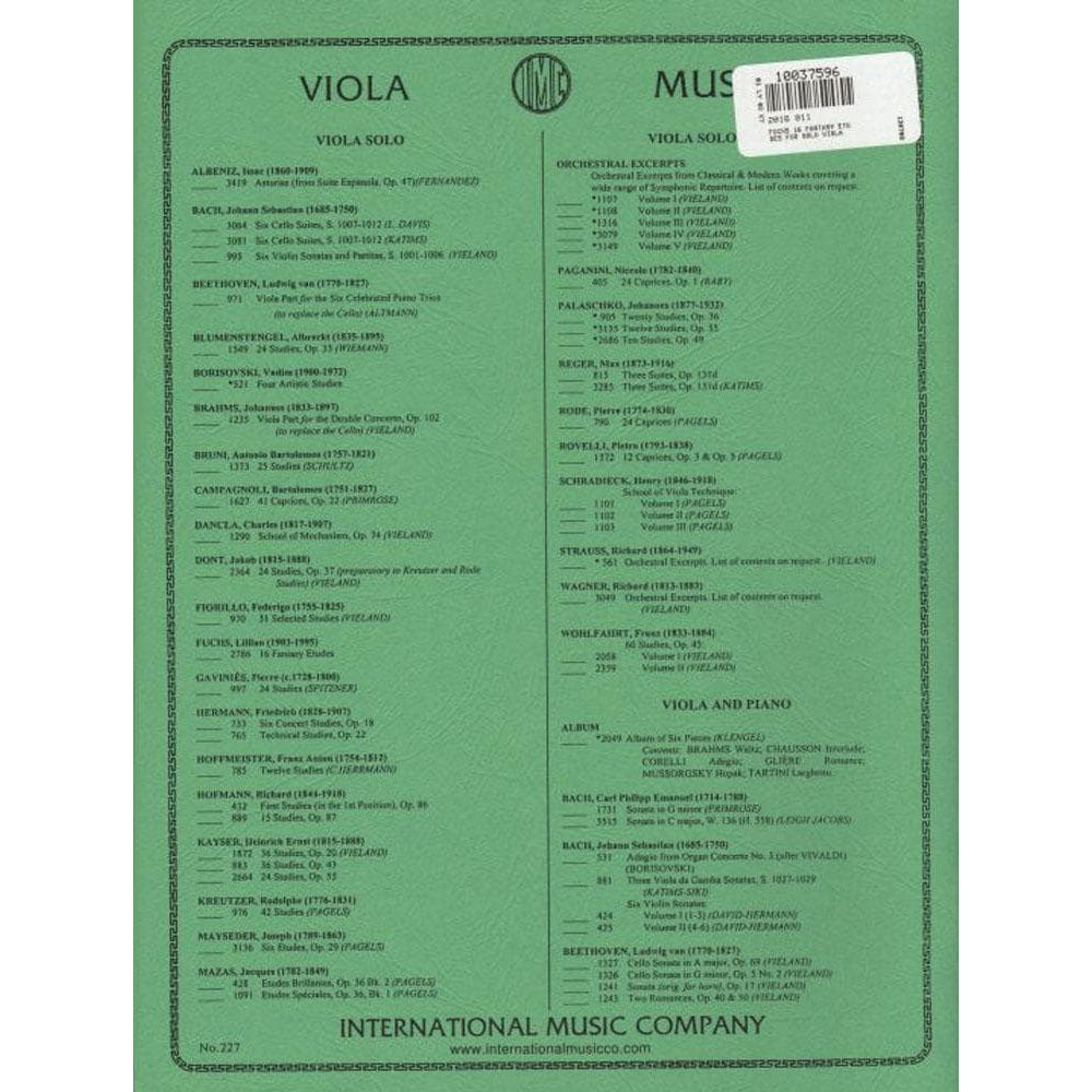 Fuchs, Lillian - 16 Fantasy Etudes - Viola solo - International Edition