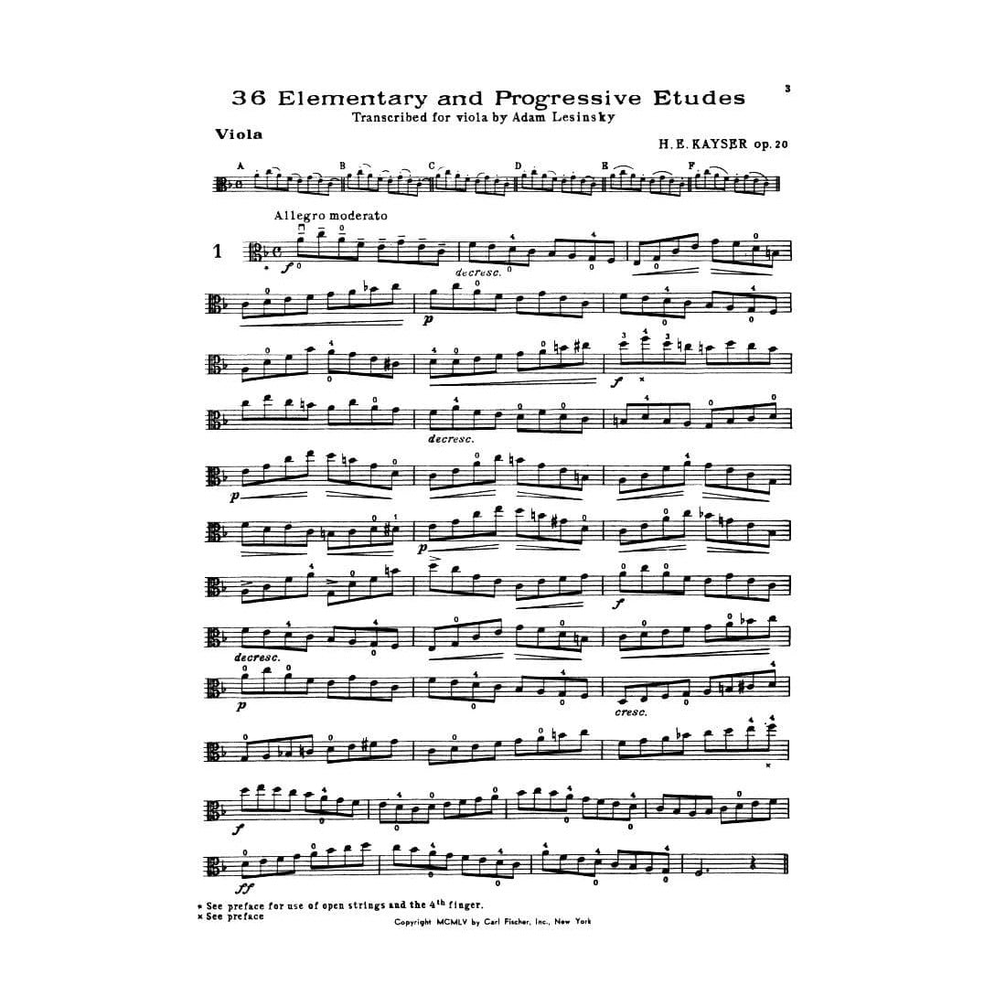 Kayser, Heinrich Ernst - 36 Elementary and Progressive Studies, Op 20 - Viola - Carl Fischer Edition