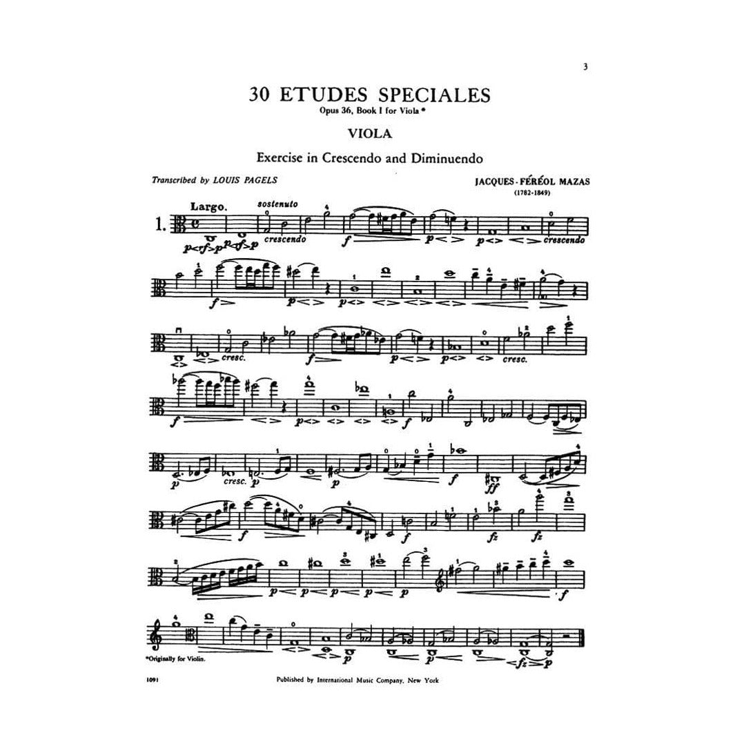 Mazas, Jacques Féréol - 30 Etudes Spéciales, Op 36, Book 1 - Viola solo - edited by Louis Pagels - International Music Co