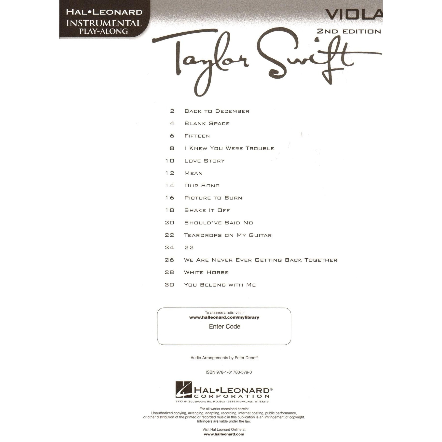 Taylor Swift Instrumental Play-Along - 2nd Edition - for Viola with Audio Accompaniment - Hal Leonard