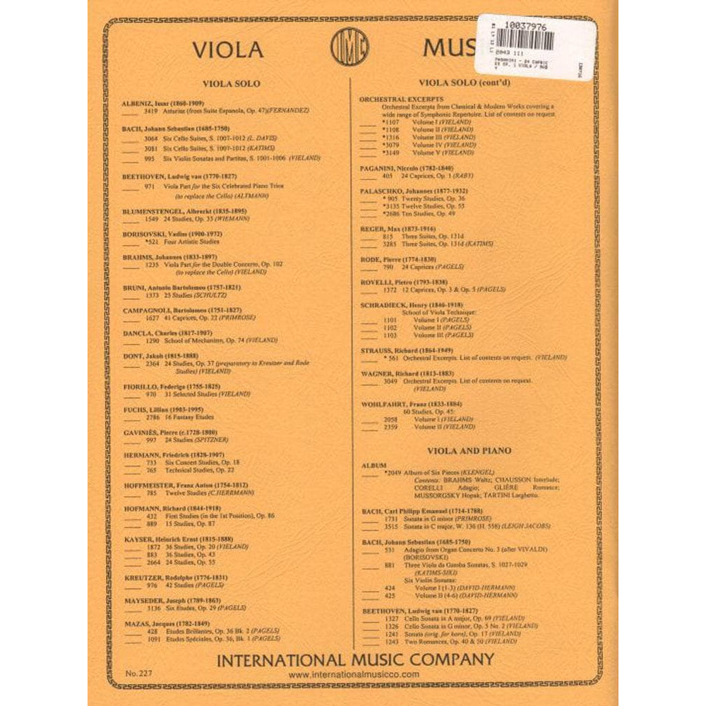 Paganini, Niccolò - 24 Caprices, Op 1 - Viola solo - transcribed by L Raby - published by International Music Company