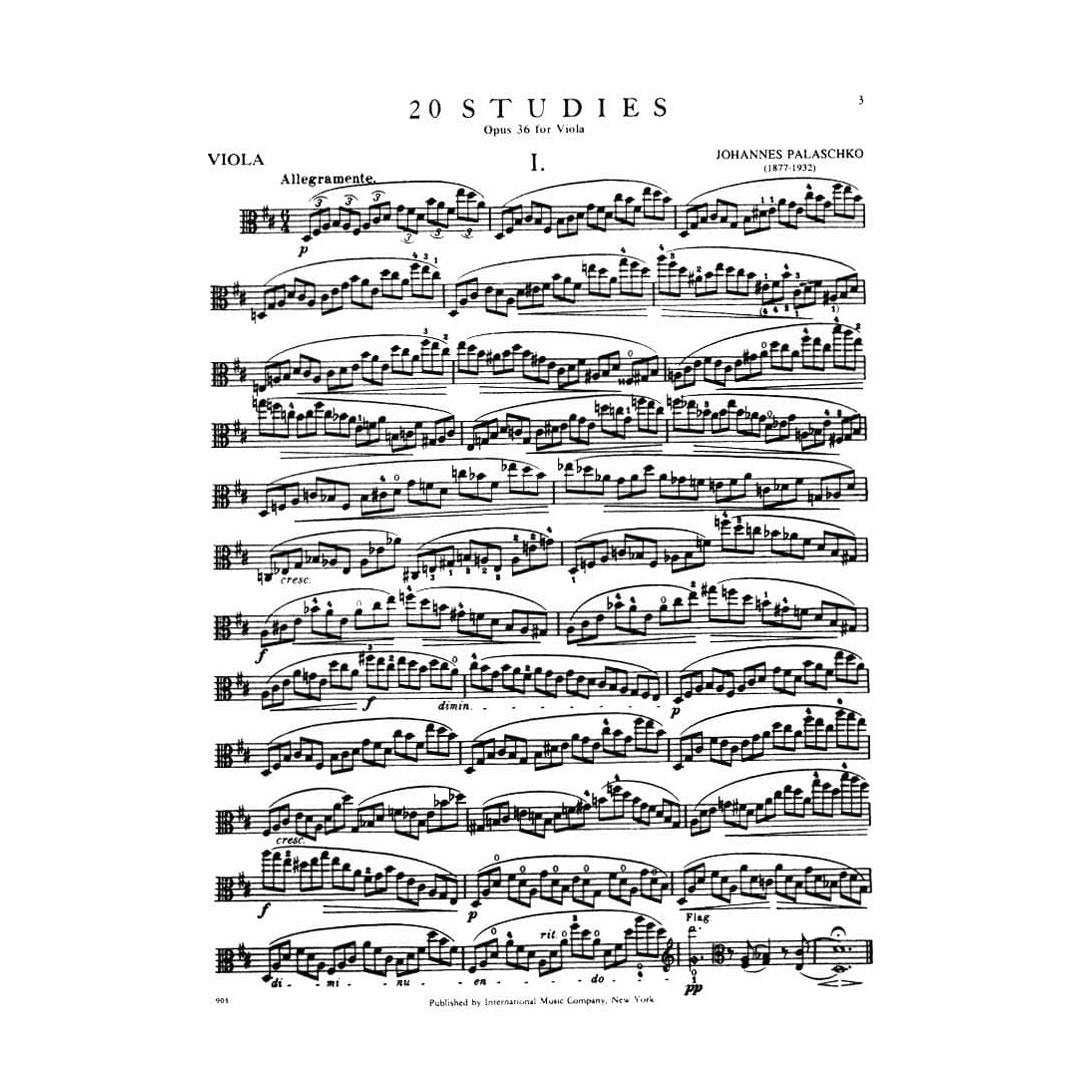 Palaschko - 20 Studies Op 36 For Viola Published by International Music Company