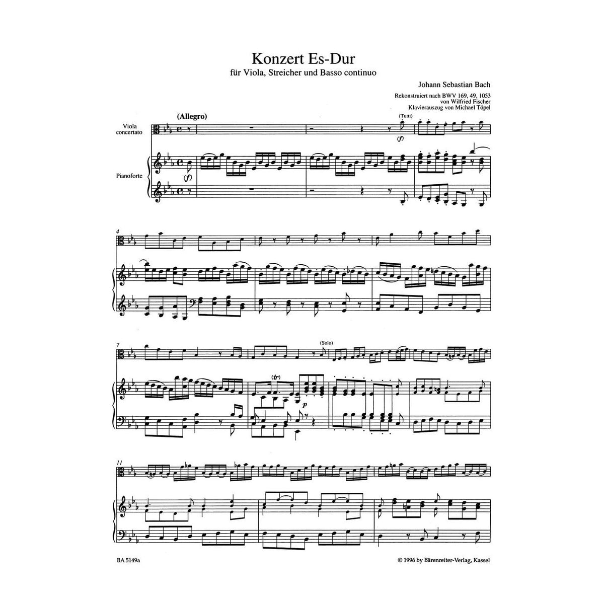 Bach, JS - Concerto in E-flat Major for Viola and Piano - Barenreiter Verlag URTEXT Edition