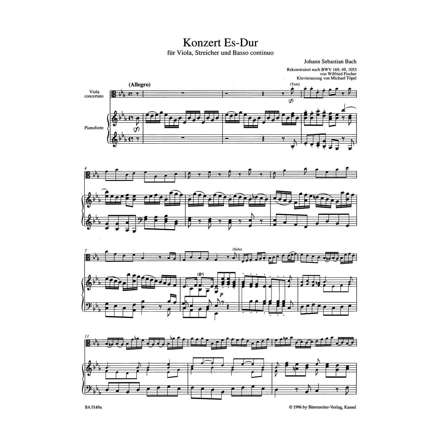 Bach, JS - Concerto in E-flat Major for Viola and Piano - Barenreiter Verlag URTEXT Edition