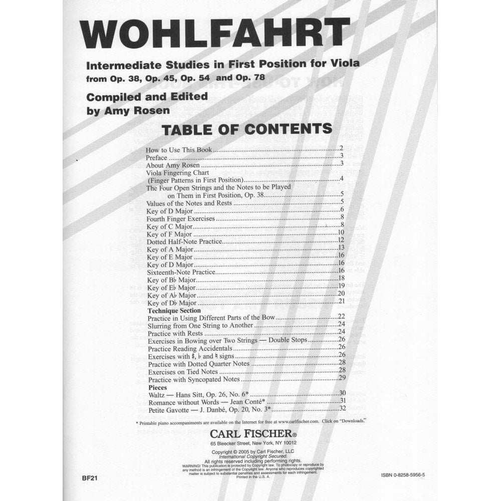 Wohlfahrt, Franz - Intermediate Studies in First Position - Viola - compiled and edited by Amy Rosen - Carl Fischer Edition