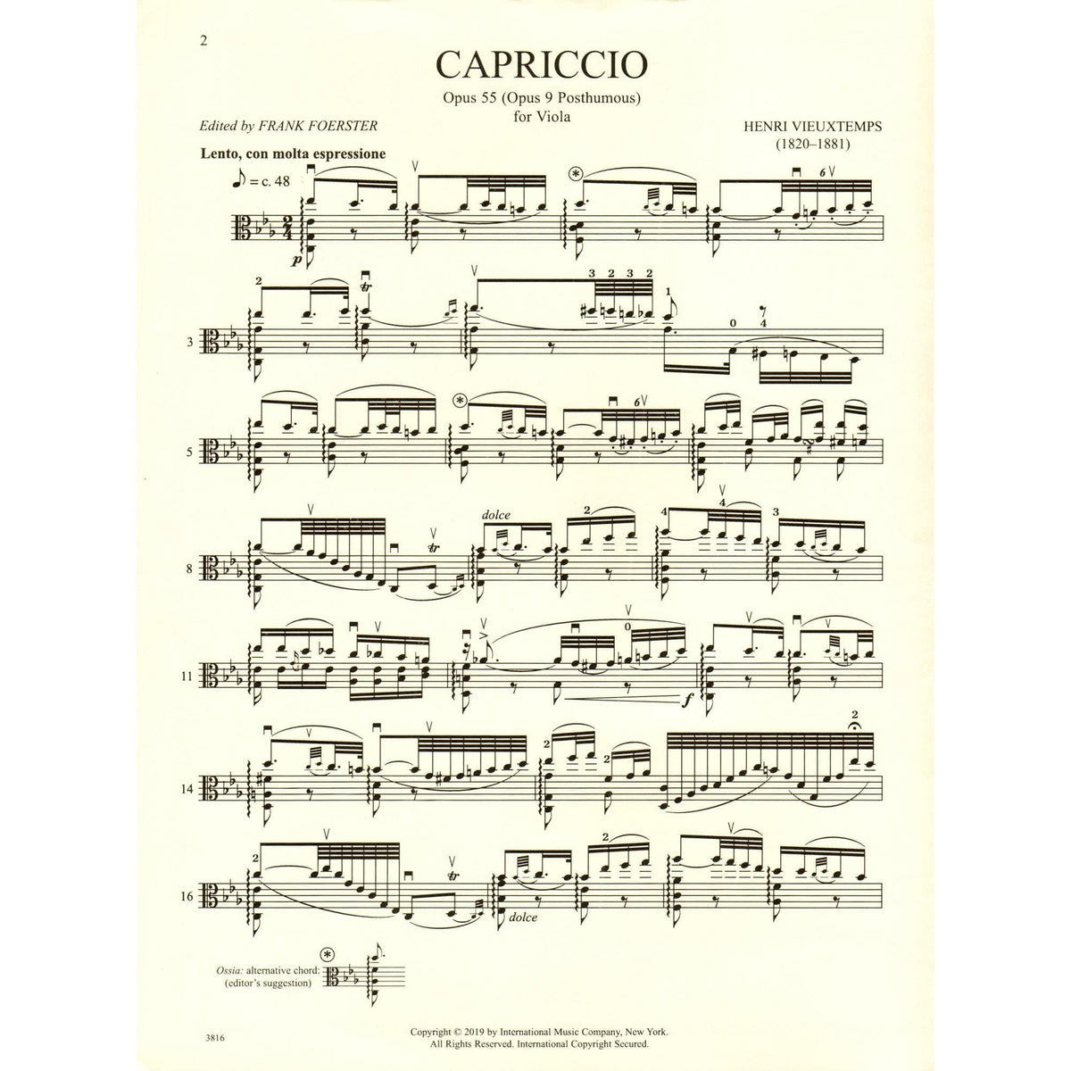 Vieuxtemps, Henri - Capriccio, Op. 9 (Posthumous) - for Solo Viola - edited by Frank Foerster - International
