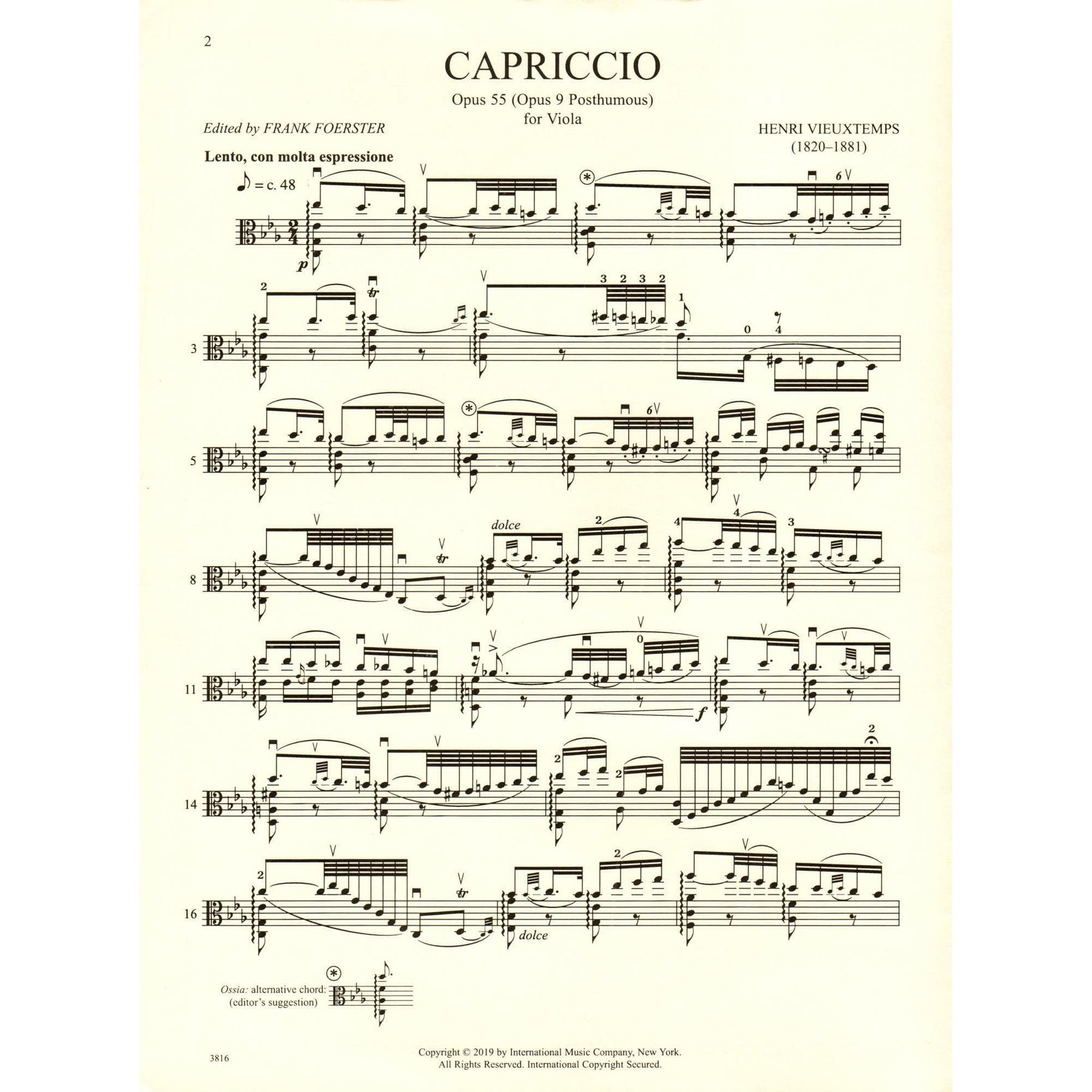 Vieuxtemps, Henri - Capriccio, Op. 9 (Posthumous) - for Solo Viola - edited by Frank Foerster - International