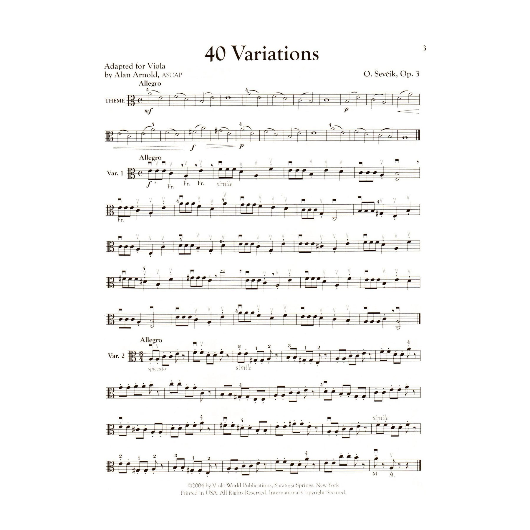 Sevcik, Otakar - Forty Variations for Viola Op 3 - Edited by Alan Arnold - Viola World
